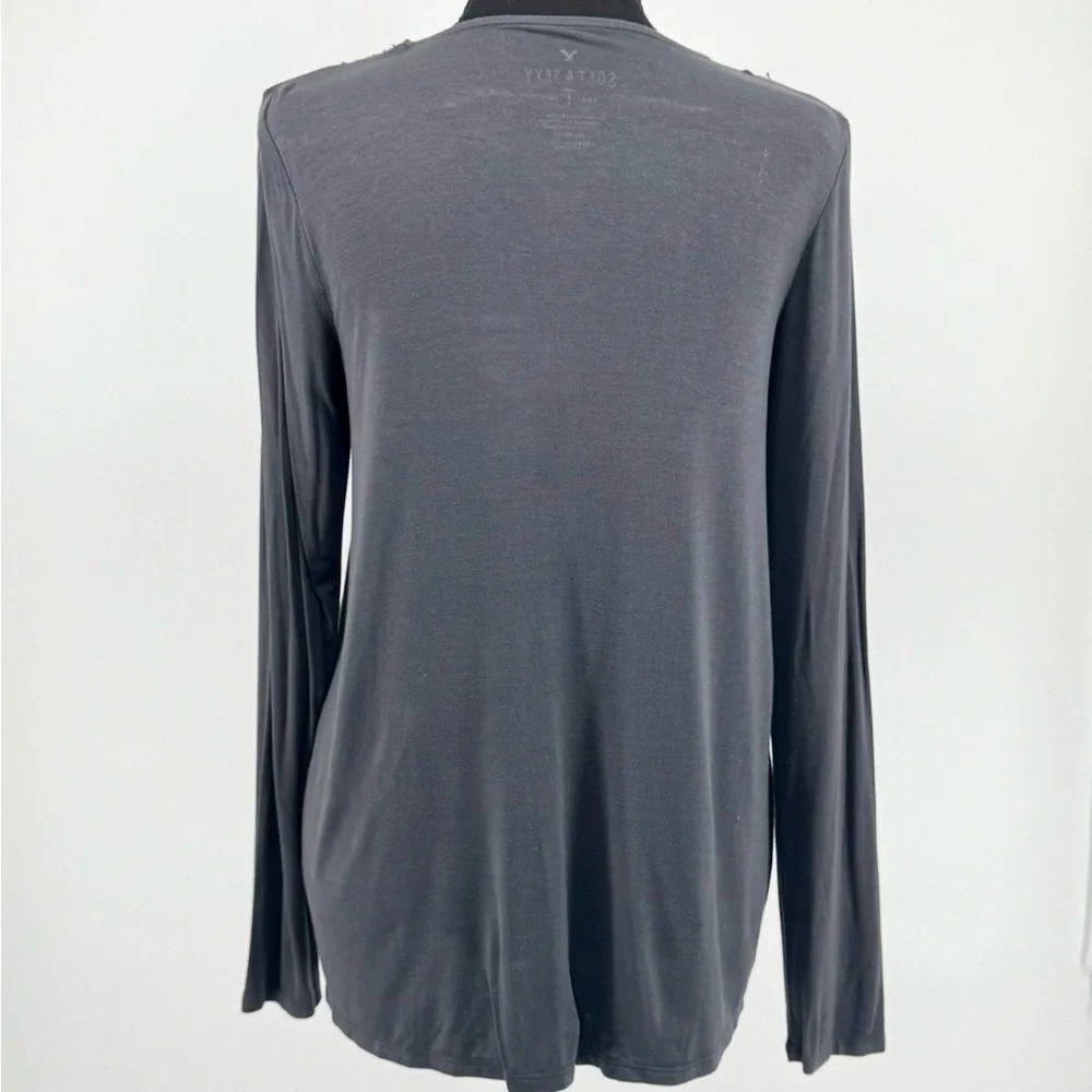 American Eagle Outfitters Charcoal Lace-Up Long Sleeve Top - Picture 2 of 3